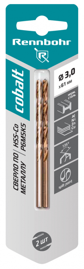 Сверло по металлу,  ЦХ, 1,0х34мм, HSS-Co, Р6М5К5, 2шт/уп, RENNBOHR COBALT CARD фото 1