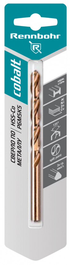 Сверло по металлу, 3-гр. хвост.,  4,8х86мм, HSS-Co, Р6М5К5, 1шт/уп, RENNBOHR COBALT CARD фото 1